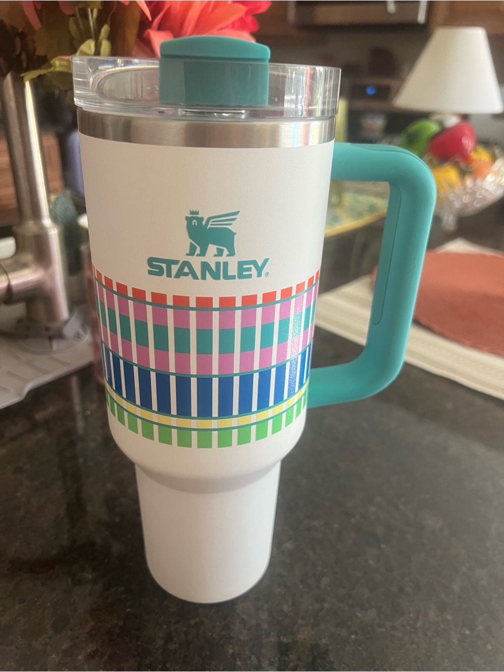 Stanley Turquoise Handle White Travel Mug with Multicolor Stripe Pattern 40oz